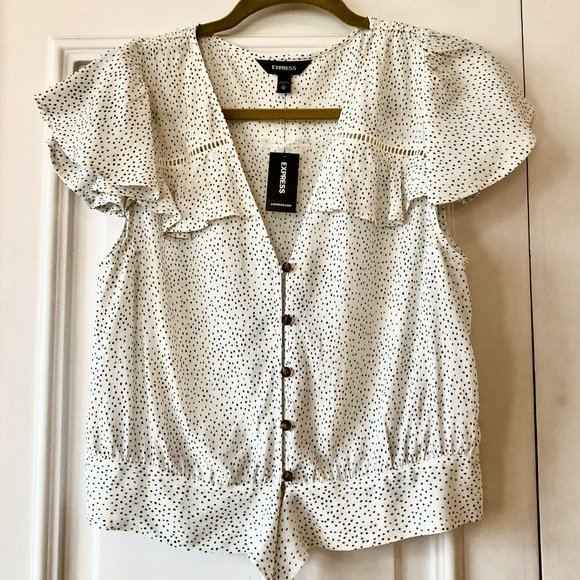 *NEW WITH TAGS* Polka Dot Flutter Sleeve Tie-Front Blouse by Express - Size XS - Picture 5 of 16